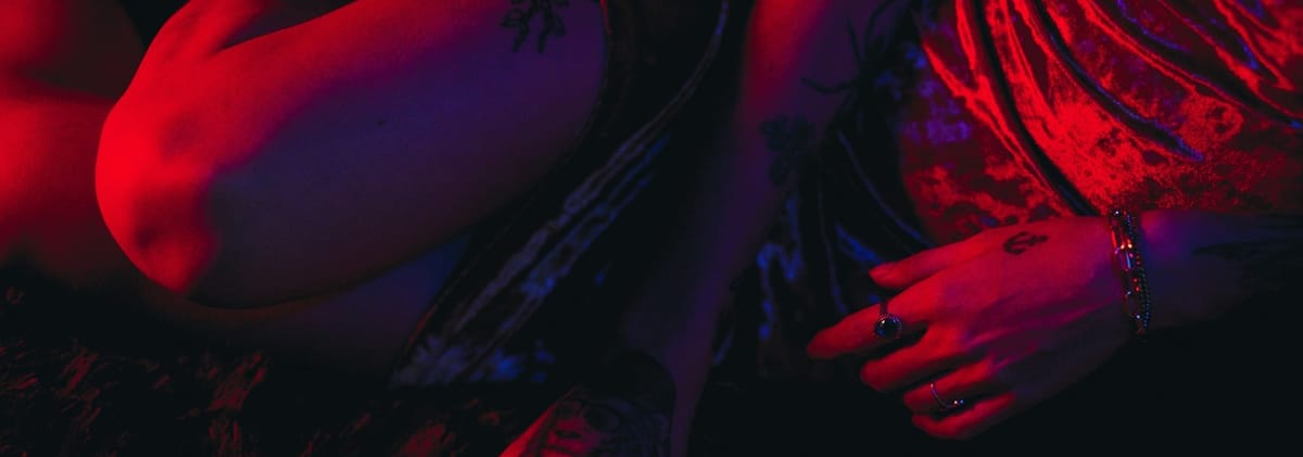 A close-up of someone's body in a velvet dress. 